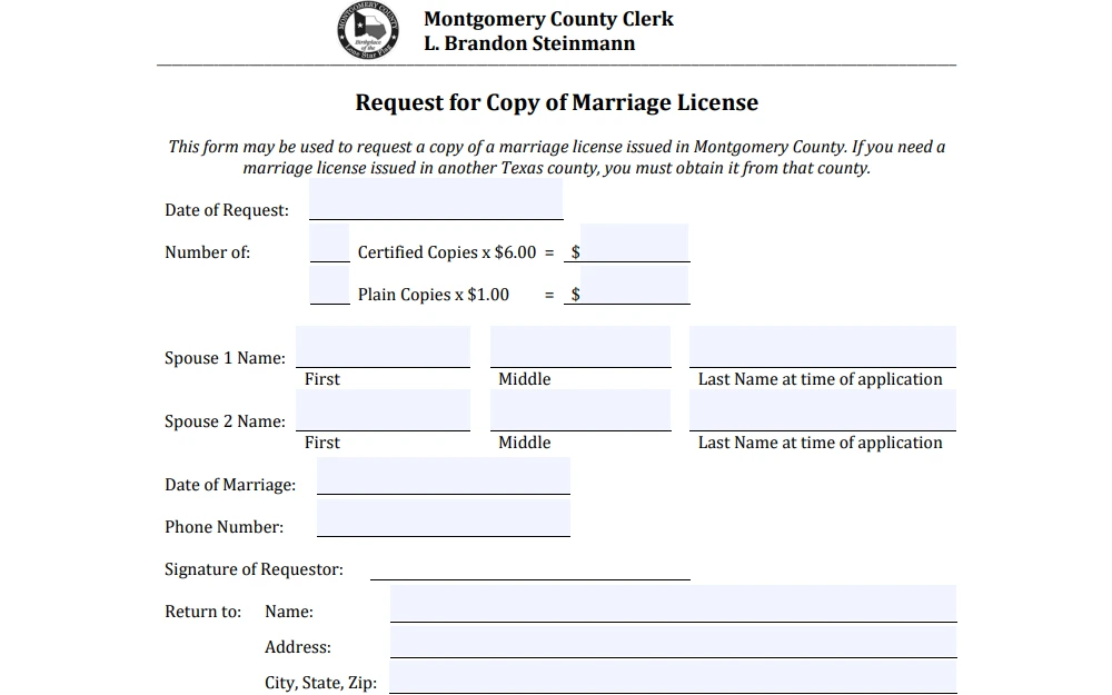 Screenshot of the application form for marriage license in Montgomery County requiring the date of request, number of copies, names of spouses, date of marriage, phone number, signature of requester, and return address.