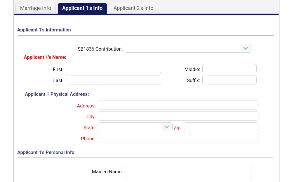 Screenshot of the online marriage application form from the Montgomery County Clerk displaying the tab for applicant one's information including the name and address.