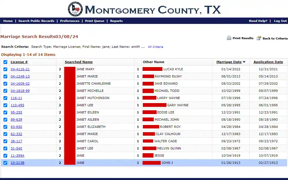 Screenshot of the results from the online portal provided by the Montgomery County Clerk, listing the license numbers, names of both parties, application dates, and dates of marriage.