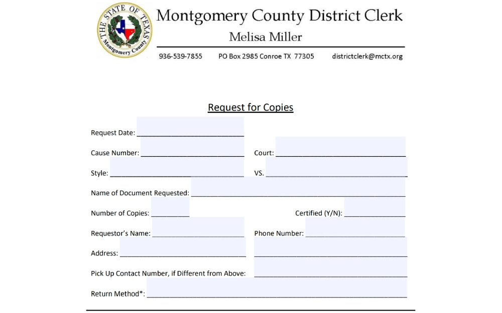 A screenshot of a "Request for Copies" form from the Montgomery County District Clerk's office shows fields for the request date, cause number, style, document name, copy count, requester details, and delivery method.