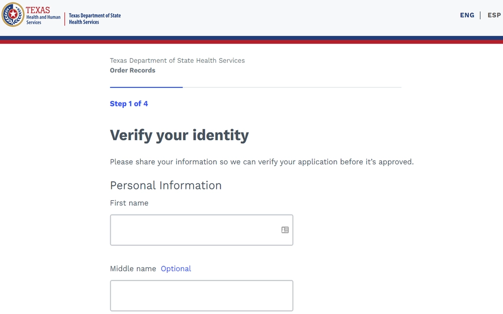 A screenshot of a step-by-step identity verification form on the Texas Department of State Health Services requesting personal information such as first and optional middle name.