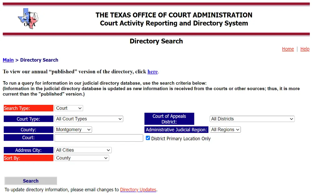 A screenshot of a directory search from the Texas Office of Court Administration website displays dropdown boxes for search type, court type, county, address city, sort by, the court of appeals district, and administrative and judicial region.