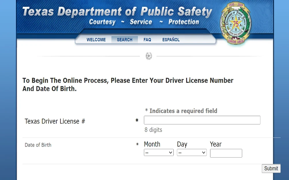 A screenshot of the Texas Department of Public Safety search that indicates Texas driver's license number and date of birth as required fields to proceed with the online process.