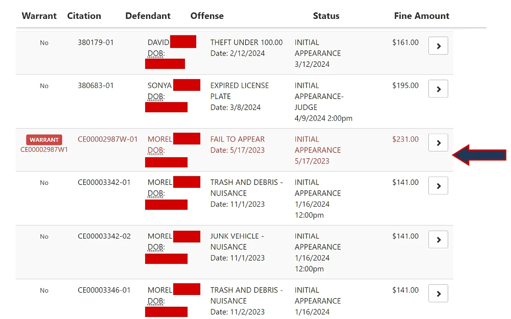 A screenshot displaying traffic or criminal case search results showing details such as warrant citation, defendant, offense, status, and fine amount from the Texas Conroe Municipal Court website.