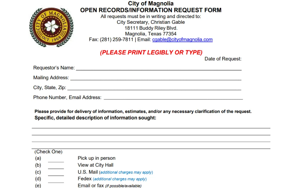 A screenshot of the City of Magnolia Open Records/Information Request Form, featuring the city seal, instructions for submission to the City Secretary Christian Gable, and fields for requestor's name, mailing address, contact information, detailed description of the information sought, and options for how the information should be delivered, including in-person pick up, viewing at City Hall, U.S. Mail, FedEx, or email/fax.