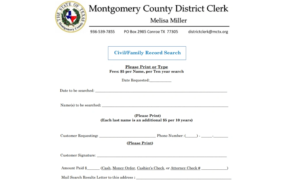 A screenshot of the Montgomery County District Clerk Civil/Family Record Search form, featuring the county seal, contact information for Melisa Miller, a section for date requested, fields for the date and names to be searched, customer information, signature, amount paid, and address for mailing search results, with a fee of $5 per name per ten-year search.