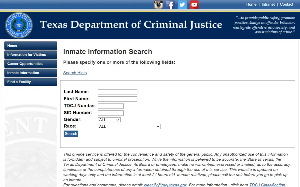 A screenshot of the Texas Department of Criminal Justice Inmate Information Search page, which allows users to search for inmates by last name, first name, TDCJ number, SID number, gender, and race, with additional navigation links on the left for information for victims, career opportunities, inmate information, and finding a facility.