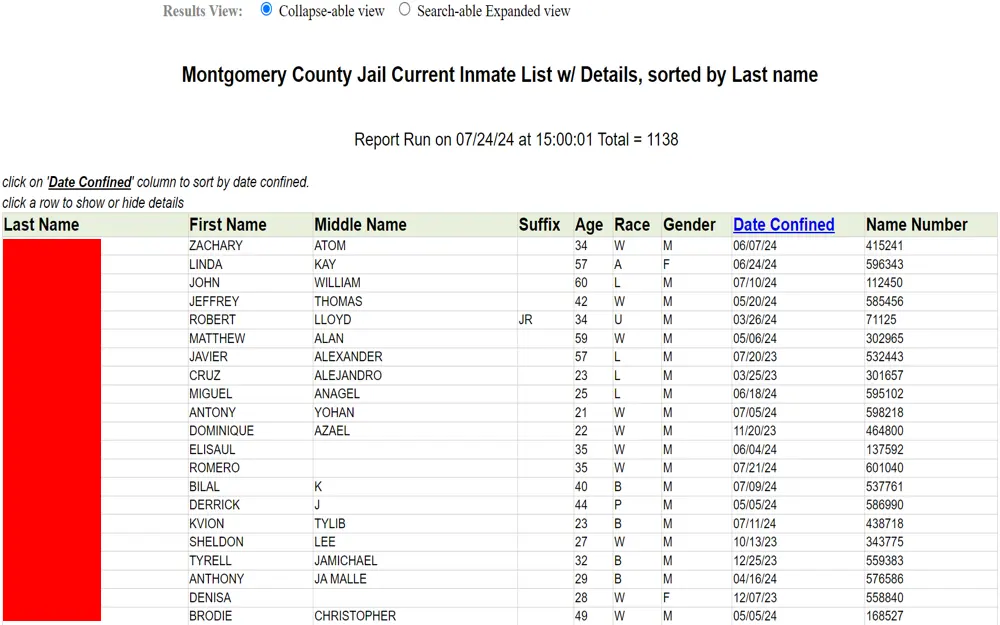 A screenshot of the Montgomery County Jail current inmate list, displaying detailed information such as last name (redacted), first name, middle name, suffix, age, race, gender, date confined, and name number for 22 inmates, sorted by last name, with a report run date of 07/24/24 at 15:00:01, showing a total of 1,138 inmates.