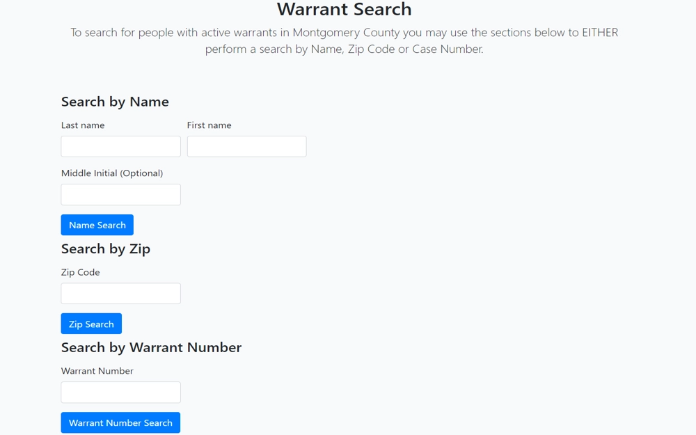 A screenshot of the Montgomery County Warrant Search form, which allows users to search for active warrants by name, zip code, or warrant number, featuring fields for last name, first name, optional middle initial, zip code, and warrant number, with corresponding search buttons for each method.