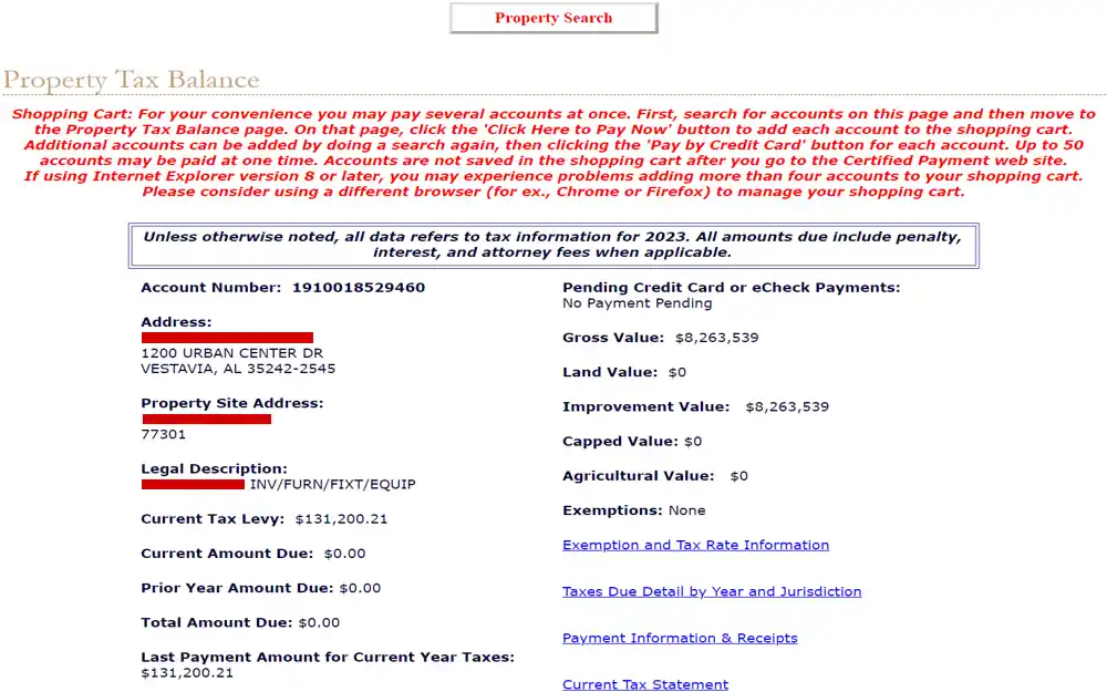 A screenshot of a Property Tax Balance page for Smith & Company Inc, detailing account number 1910018529460, legal description, gross value of $8,263,539, current tax levy of $131,200.21, and no current amount due, with links for exemption and tax rate information, taxes due by year and jurisdiction, payment information, receipts, and the current tax statement, and a note about payment options and browser compatibility.