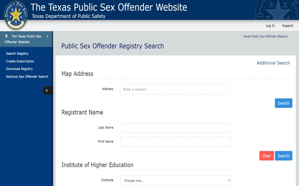 A screenshot of the Texas Public Sex Offender Website's Public Sex Offender Registry Search page, featuring options to search by map address, registrant name (last name and first name), and institute of higher education, with a search and clear button, along with navigation links on the left for searching the registry, creating a subscription, downloading the registry, and accessing the National Sex Offender Search.